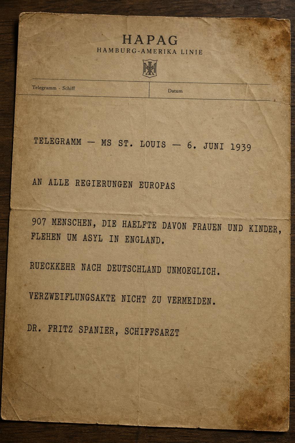 Telegramm Dr. Fritz Spanier an Morris Troper · JDC, Juni 1939